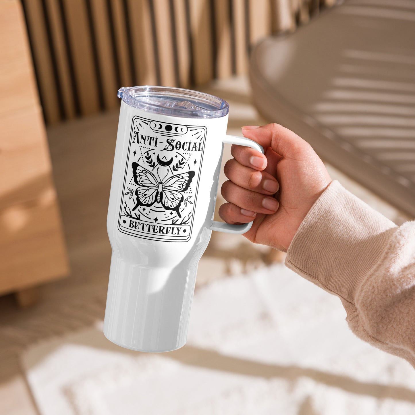 Anti Social Butterfly Tarot Card Tumbler With Handle