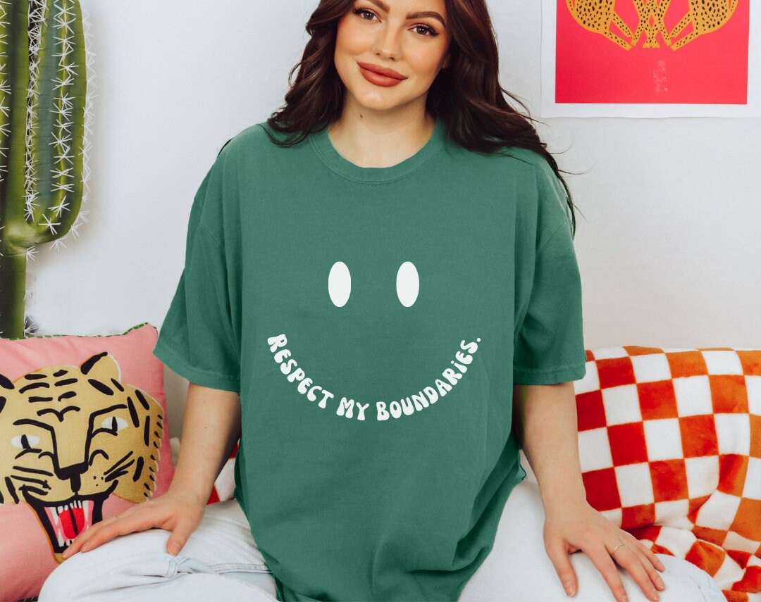 Respect My Boundaries White Smiley Face Comfort Colors® Tshirt | Mental health matters 2023 2024 | Sweatshirt gift mental health awareness