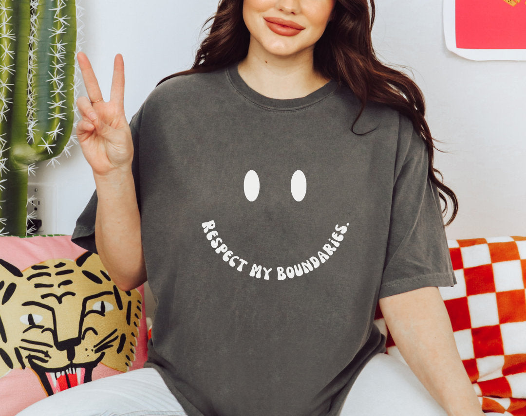 Respect My Boundaries White Smiley Face Comfort Colors® Tshirt | Mental health matters 2023 2024 | Sweatshirt gift mental health awareness