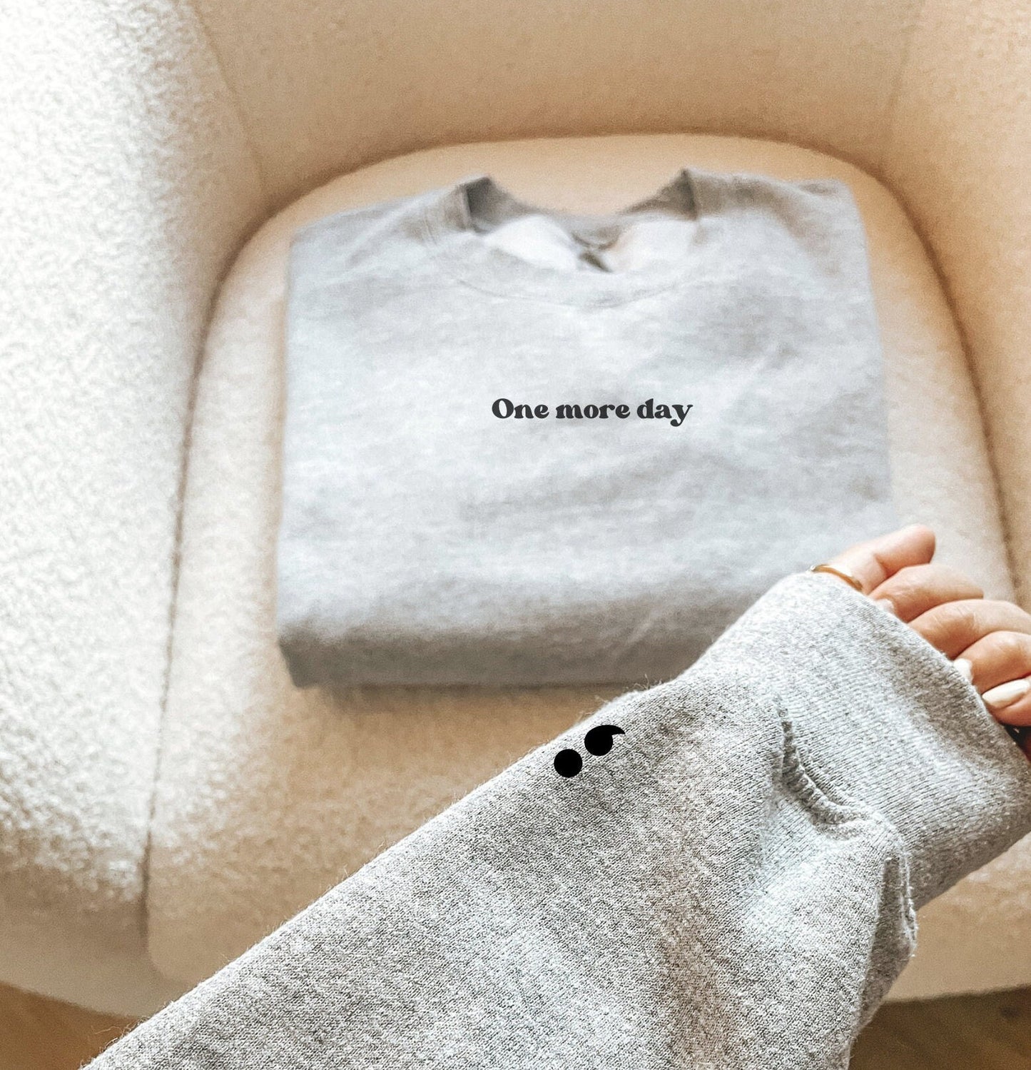 Prevention Semi Colon Sleeve One More Day Crewneck Sweatshirt | Mental Health Suicide Awareness Matters Overstimulated Anxiety Shirt Gifts