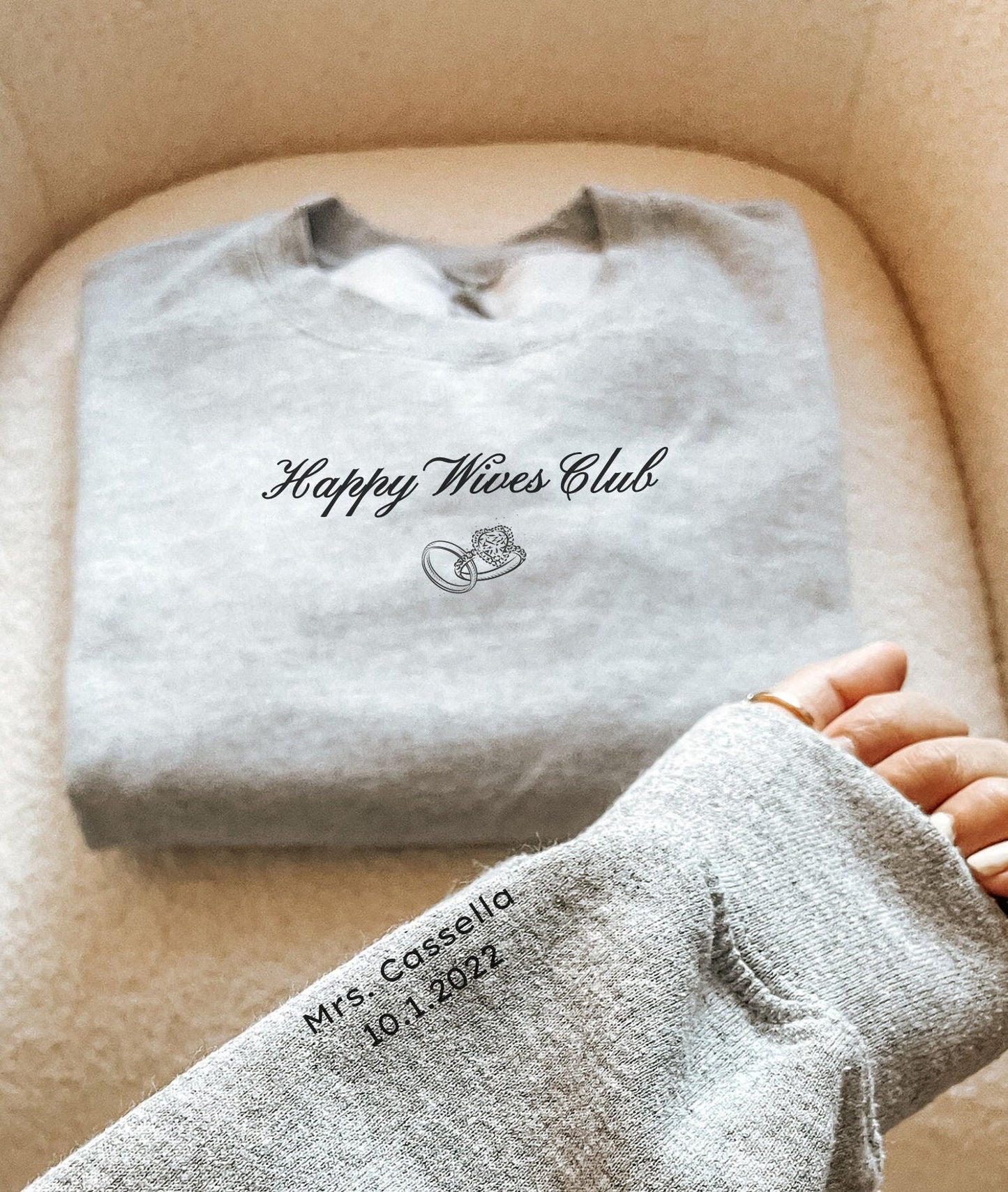 Personalized Name Happy Wives Club Sweatshirt | Custom Wedding Gifts Sleeve Design Wifey Crewneck Bride Bachelorette 2024