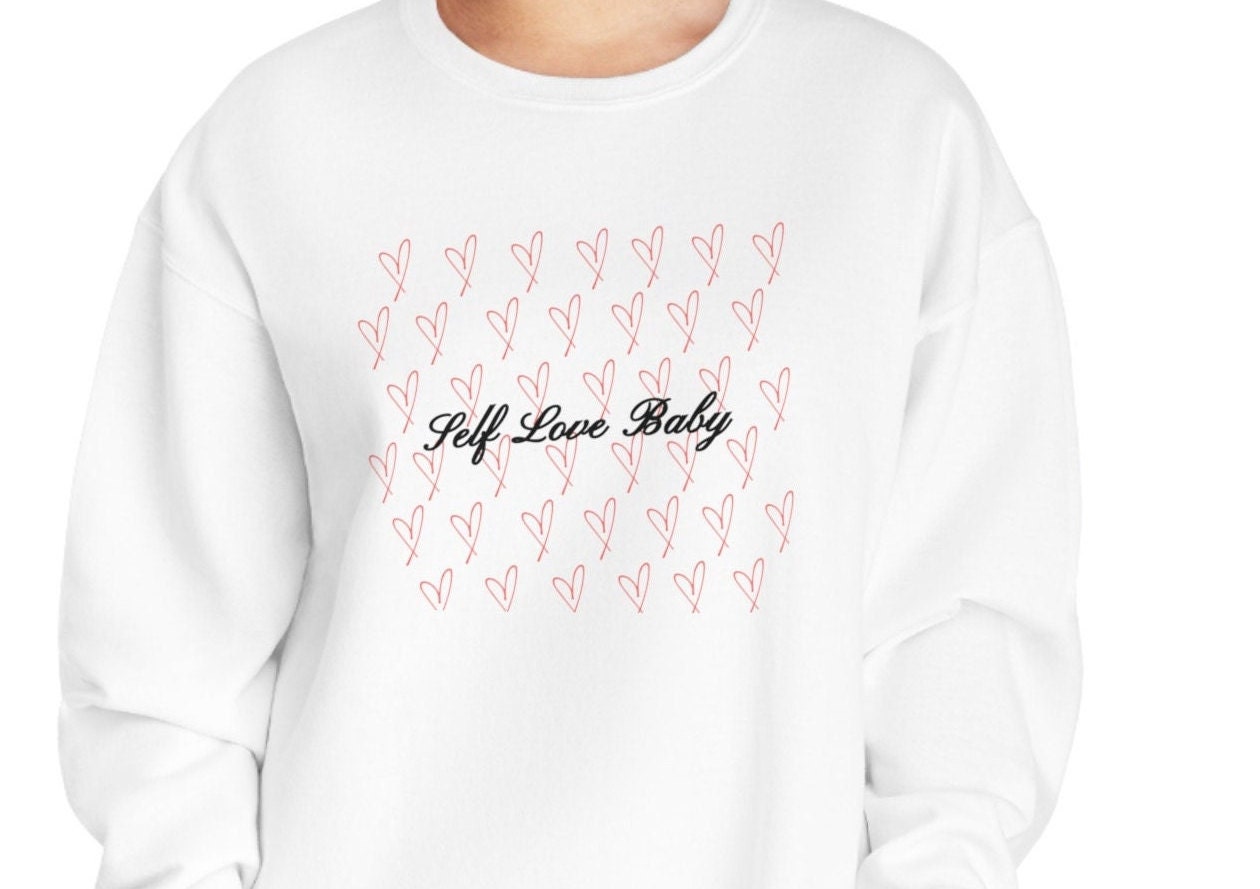 Self Love Baby Valentine's Day Crewneck Sweatshirt | Mental Health Awareness Healing Matters Galentine's 2024 Red Hearts Black Script