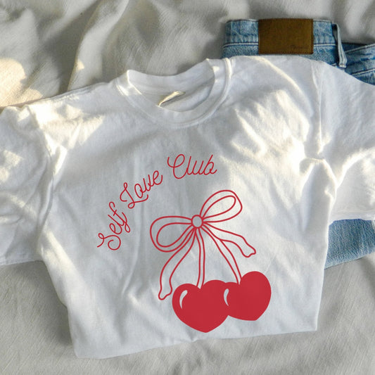 Self Love Club Cute Valentine's Day Cherry Hearts & Bow Comfort Colors®  Relaxed Vintage Tshirt Mental Health Matters Valentines heart 2024