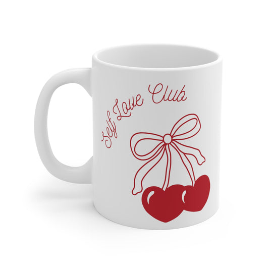 Cute Valentine's Day Self Love Club Cherry Hearts with Bow Mug | Coffee Lovers Gift Valentine's Day Gift 2024 Moody Self Love Matters Mug